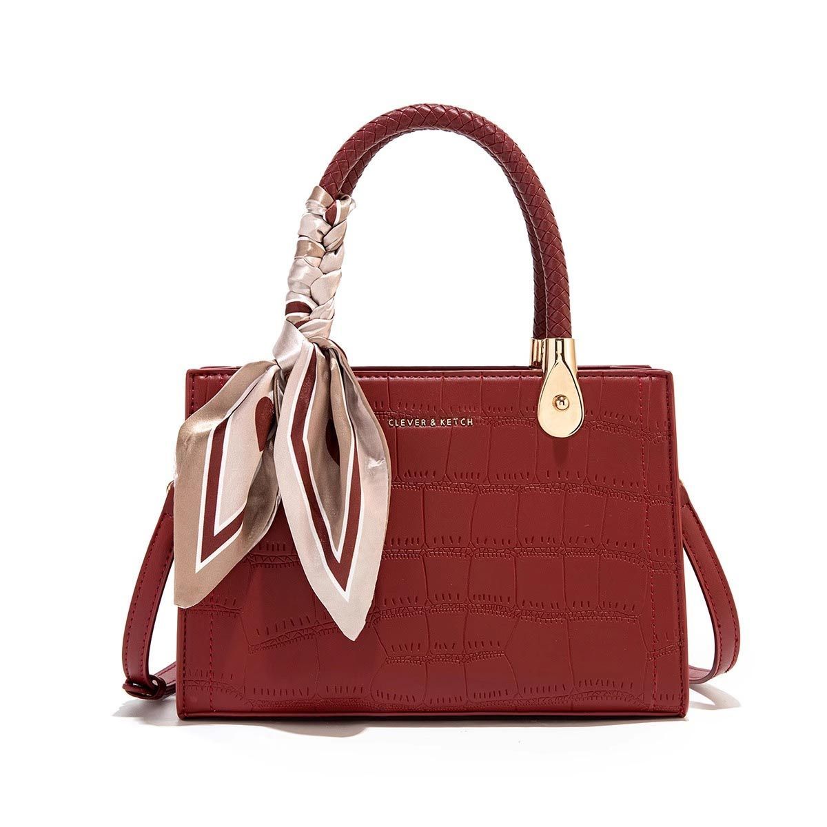 Elegant Croc-Embossed Handbag with Silk Bow Accent