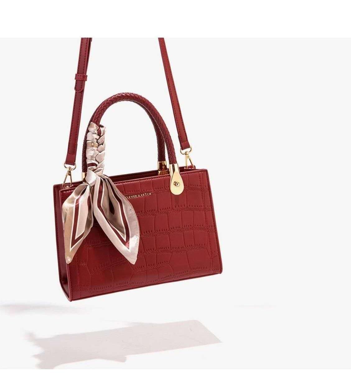 Elegant Croc-Embossed Handbag with Silk Bow Accent