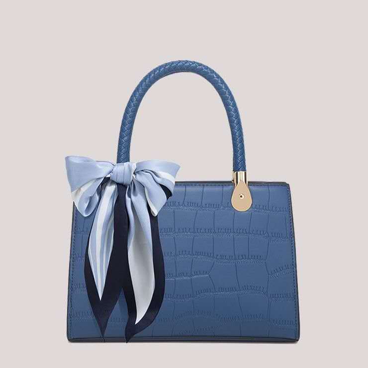 Elegant Croc-Embossed Handbag with Silk Bow Accent