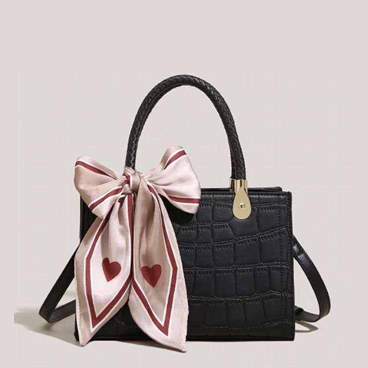 Elegant Croc-Embossed Handbag with Silk Bow Accent
