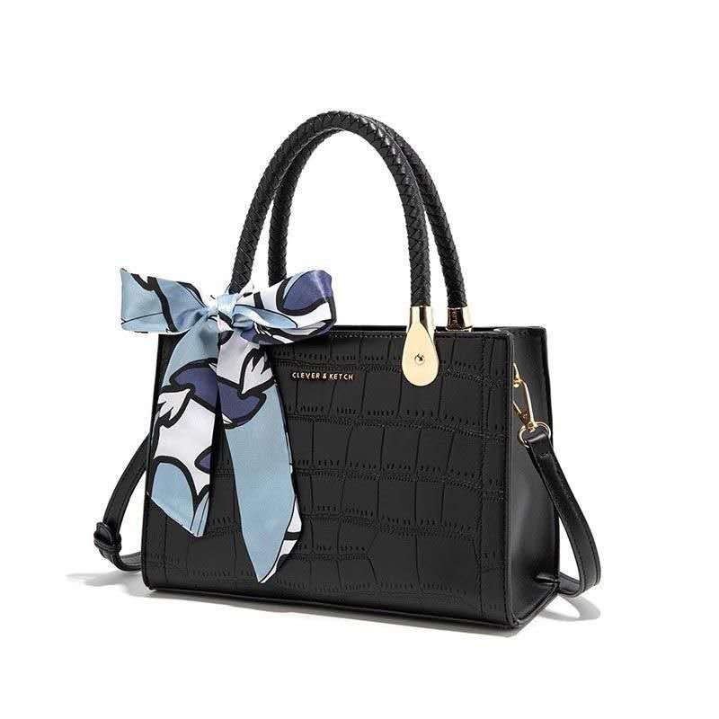 Elegant Croc-Embossed Handbag with Silk Bow Accent