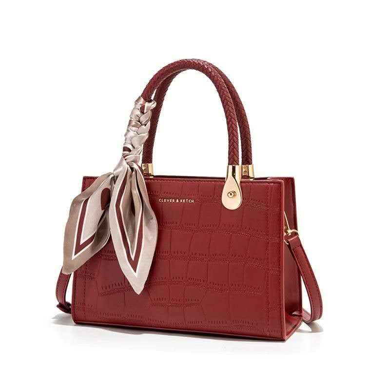 Elegant Croc-Embossed Handbag with Silk Bow Accent