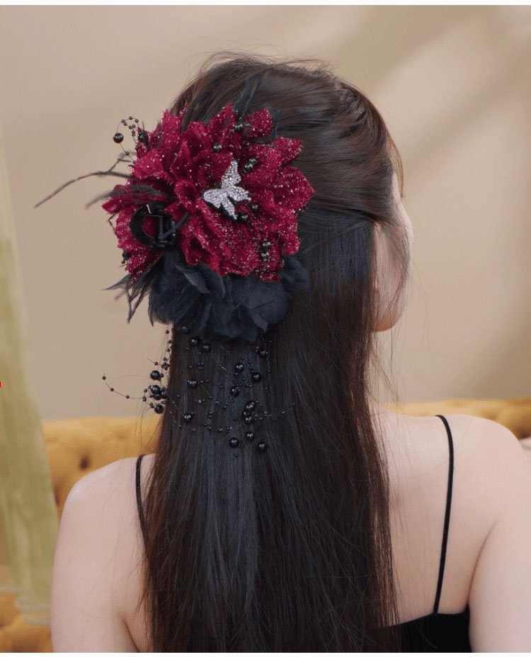 Elegant shiny silk butterfly rose tassel hair claw
