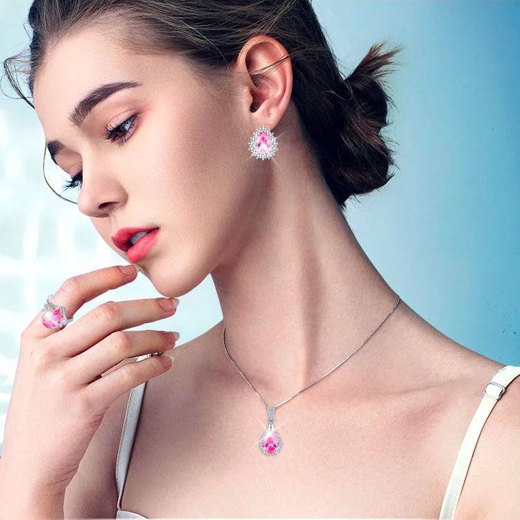 50%-Off🔥 Water drop shaped pink zirconium jewelry three-piece set-Give free jewelry box