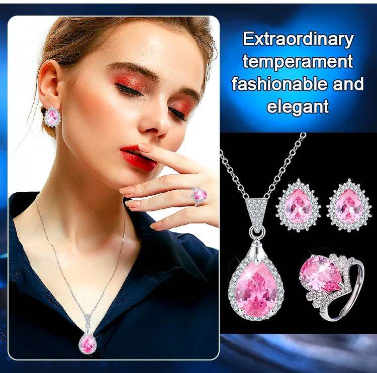 50%-Off🔥 Water drop shaped pink zirconium jewelry three-piece set-Give free jewelry box
