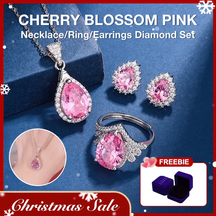 50%-Off🔥 Water drop shaped pink zirconium jewelry three-piece set-Give free jewelry box