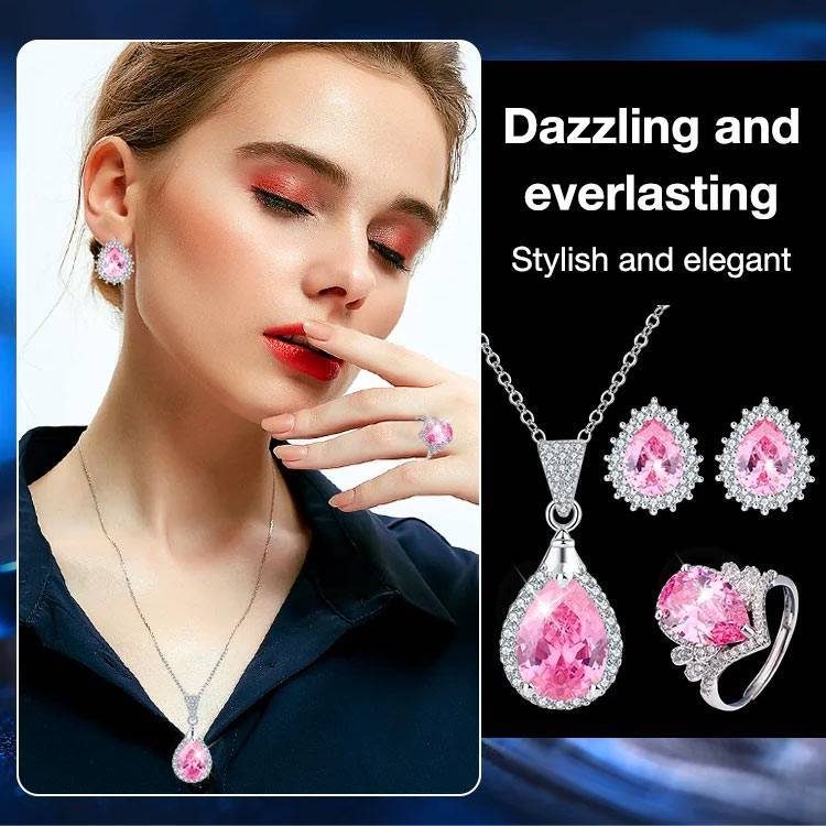 50%-Off🔥 Water drop shaped pink zirconium jewelry three-piece set-Give free jewelry box