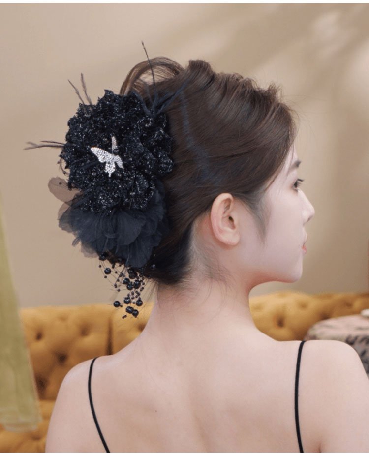 Elegant shiny silk butterfly rose tassel hair claw