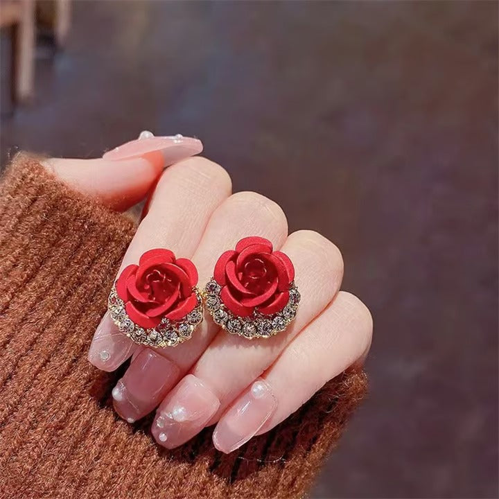 🌹Diamond Rose Earrings Floral Blooming 3D Carved