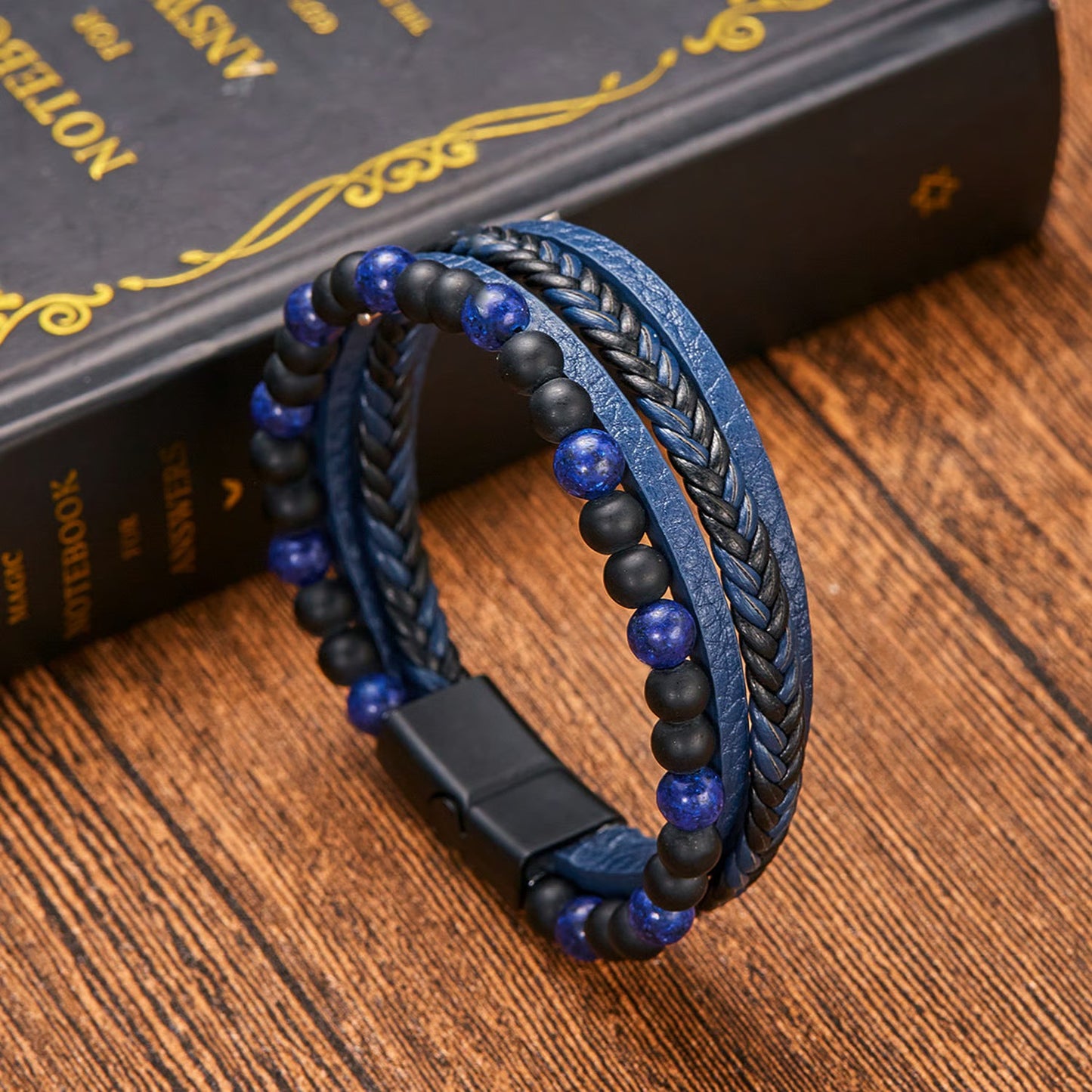 Natural Stone Obsidian Magnetic Buckle Men's Leather Bracelet-3 styles