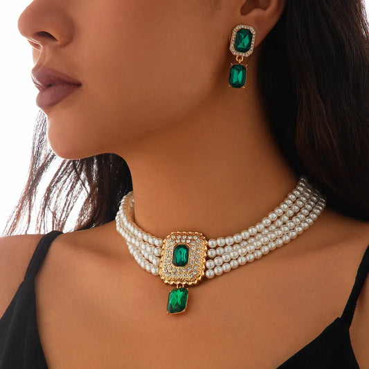 【Necklace + Earrings】2025 New Fashion Imitation Pearl Necklace Multilayer Clavicle Chain Set