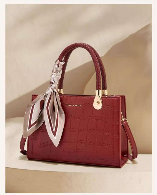Elegant Croc-Embossed Handbag with Silk Bow Accent