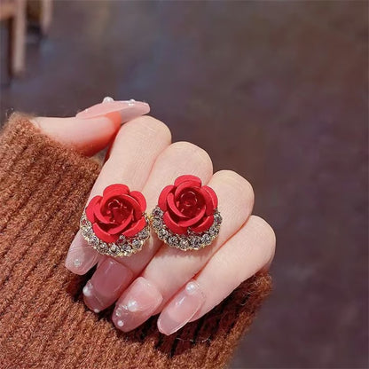 🌹Diamond Rose Earrings Floral Blooming 3D Carved