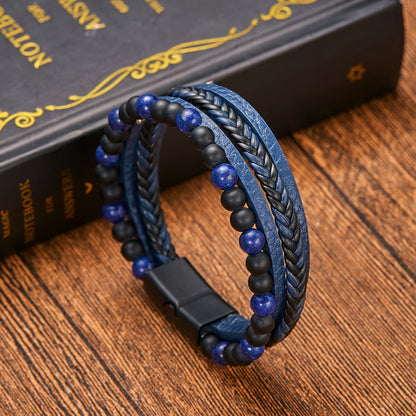 Natural Stone Obsidian Magnetic Buckle Men's Leather Bracelet-3 styles