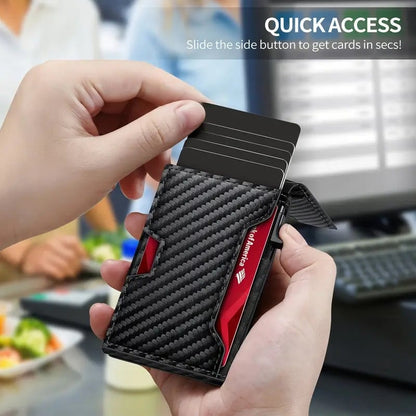 Wallet - With Pop Up Aluminum Case Slim Leather Slots Credit Card Holder RFID Blocking Bifold Minimalist Wallet