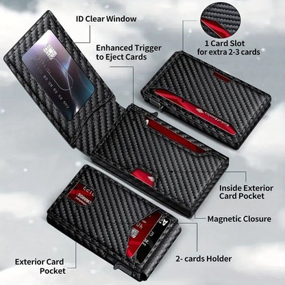 Wallet - With Pop Up Aluminum Case Slim Leather Slots Credit Card Holder RFID Blocking Bifold Minimalist Wallet