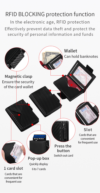 Wallet - With Pop Up Aluminum Case Slim Leather Slots Credit Card Holder RFID Blocking Bifold Minimalist Wallet