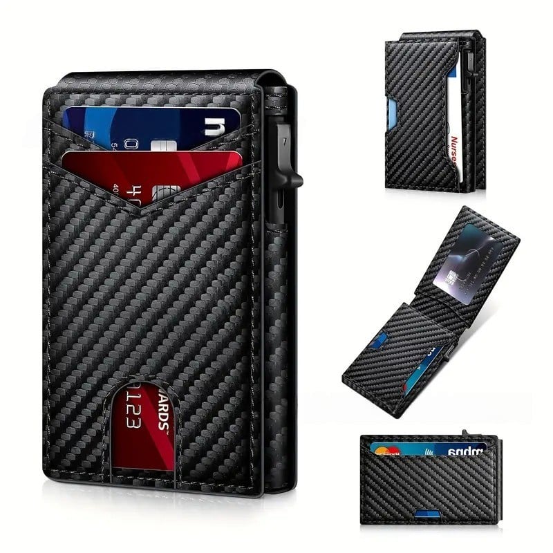 Wallet - With Pop Up Aluminum Case Slim Leather Slots Credit Card Holder RFID Blocking Bifold Minimalist Wallet