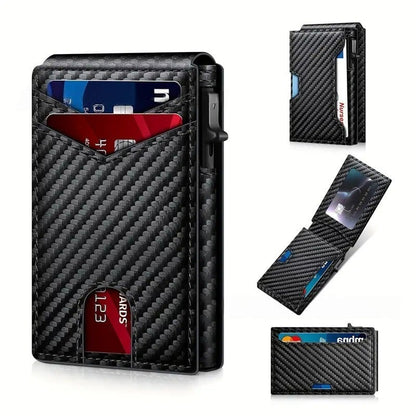 Wallet - With Pop Up Aluminum Case Slim Leather Slots Credit Card Holder RFID Blocking Bifold Minimalist Wallet