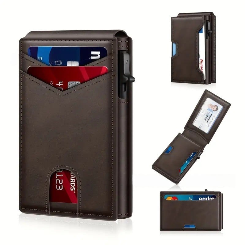 Wallet - With Pop Up Aluminum Case Slim Leather Slots Credit Card Holder RFID Blocking Bifold Minimalist Wallet