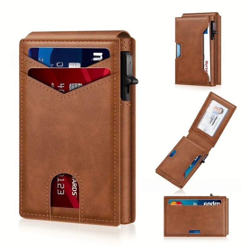 Wallet - With Pop Up Aluminum Case Slim Leather Slots Credit Card Holder RFID Blocking Bifold Minimalist Wallet