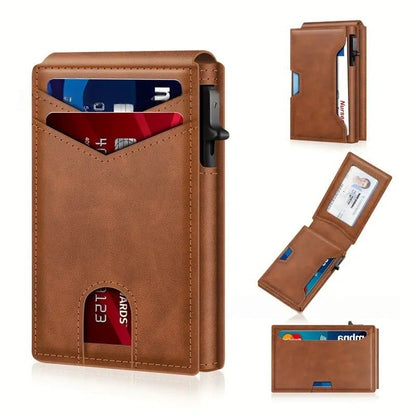 Wallet - With Pop Up Aluminum Case Slim Leather Slots Credit Card Holder RFID Blocking Bifold Minimalist Wallet